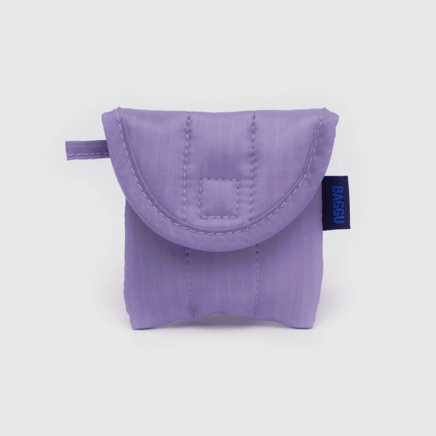 Purple earbud pouch with on a light gray background