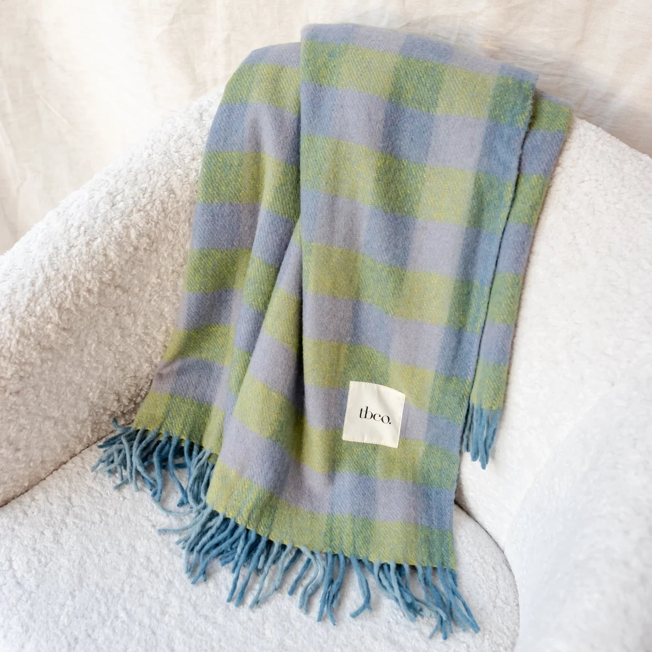 Recycled Wool Lilac & Green Gingham Plaid Throw Blanket