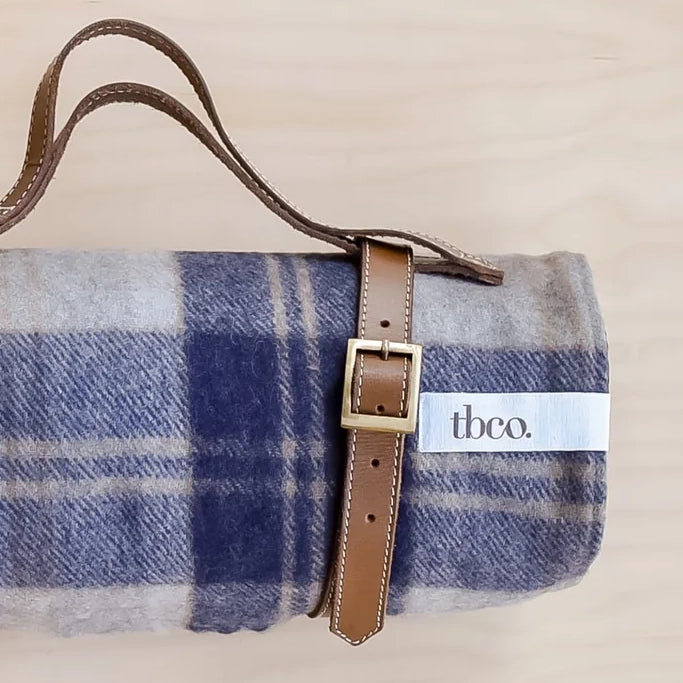 Recycled Wool Olive Green & Smoky Blue Checker Picnic Throw Blanket with Handle