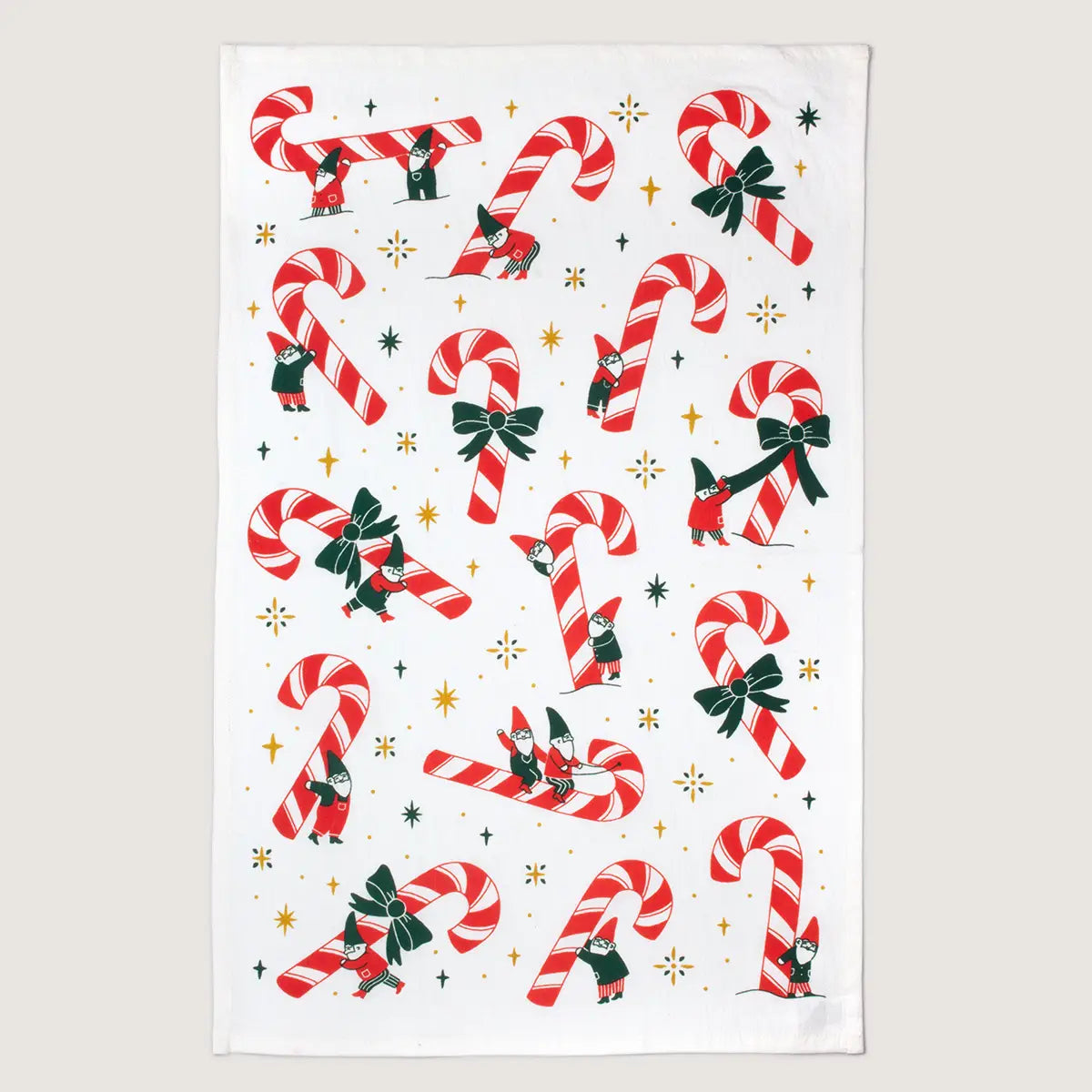 Candy Cane With Gnomes Holiday Screen Printed Tea Towel