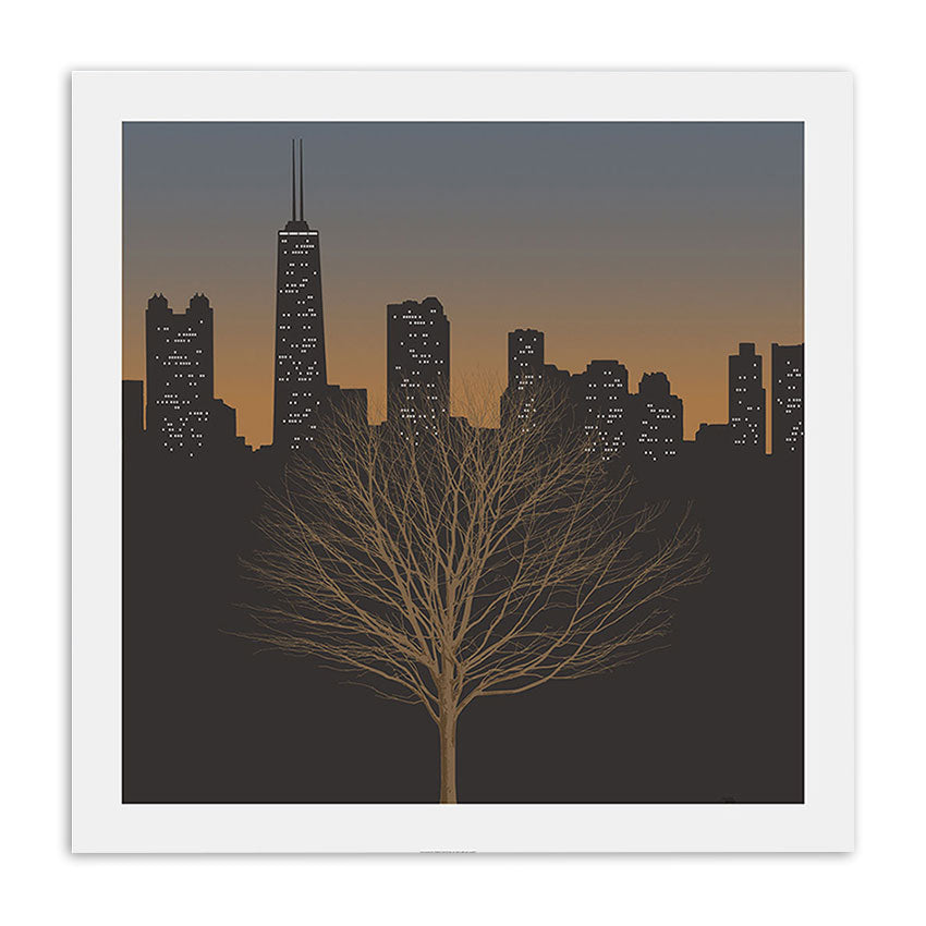 Chicago Skyline at Night with Tree 12.5" x 12.5" Archival Print