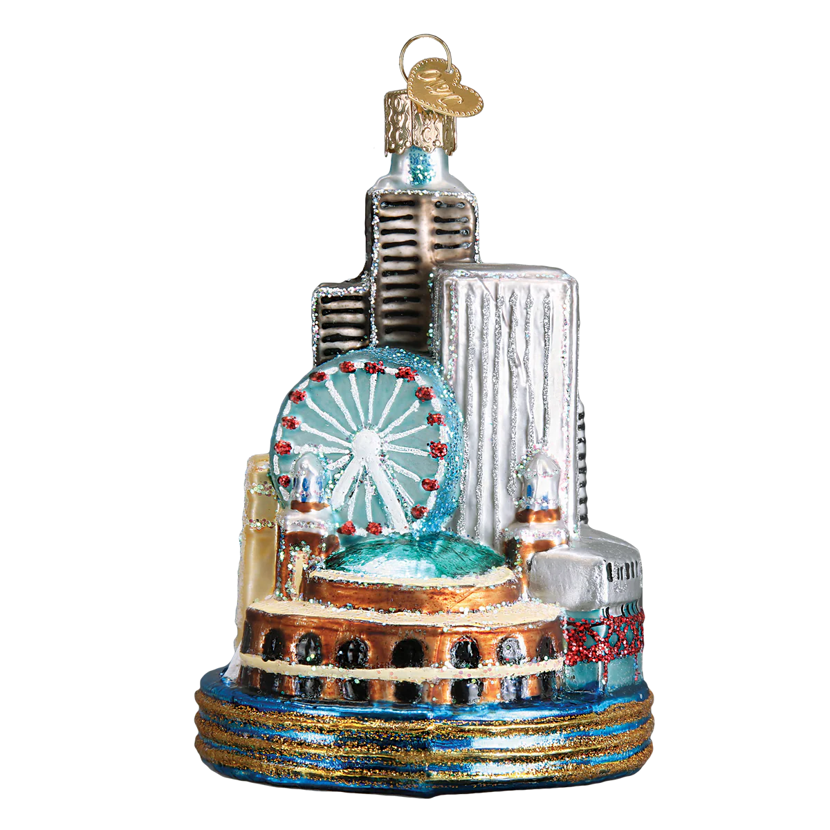 Chicago Skyline with Bean and Theater Sign Glass Ornament