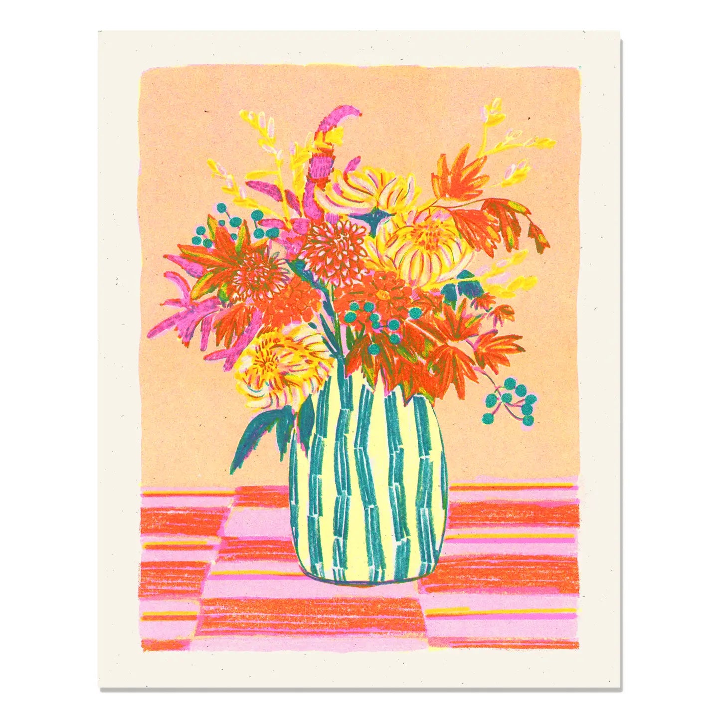 Chrysanthemums and Stripes Risograph 8" x 10" Print