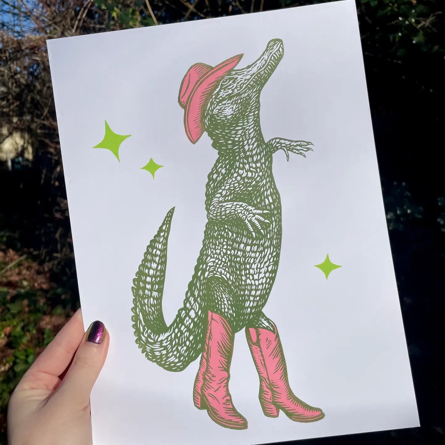 Cowboy Alligator 9"x 12" Linocut Art Print