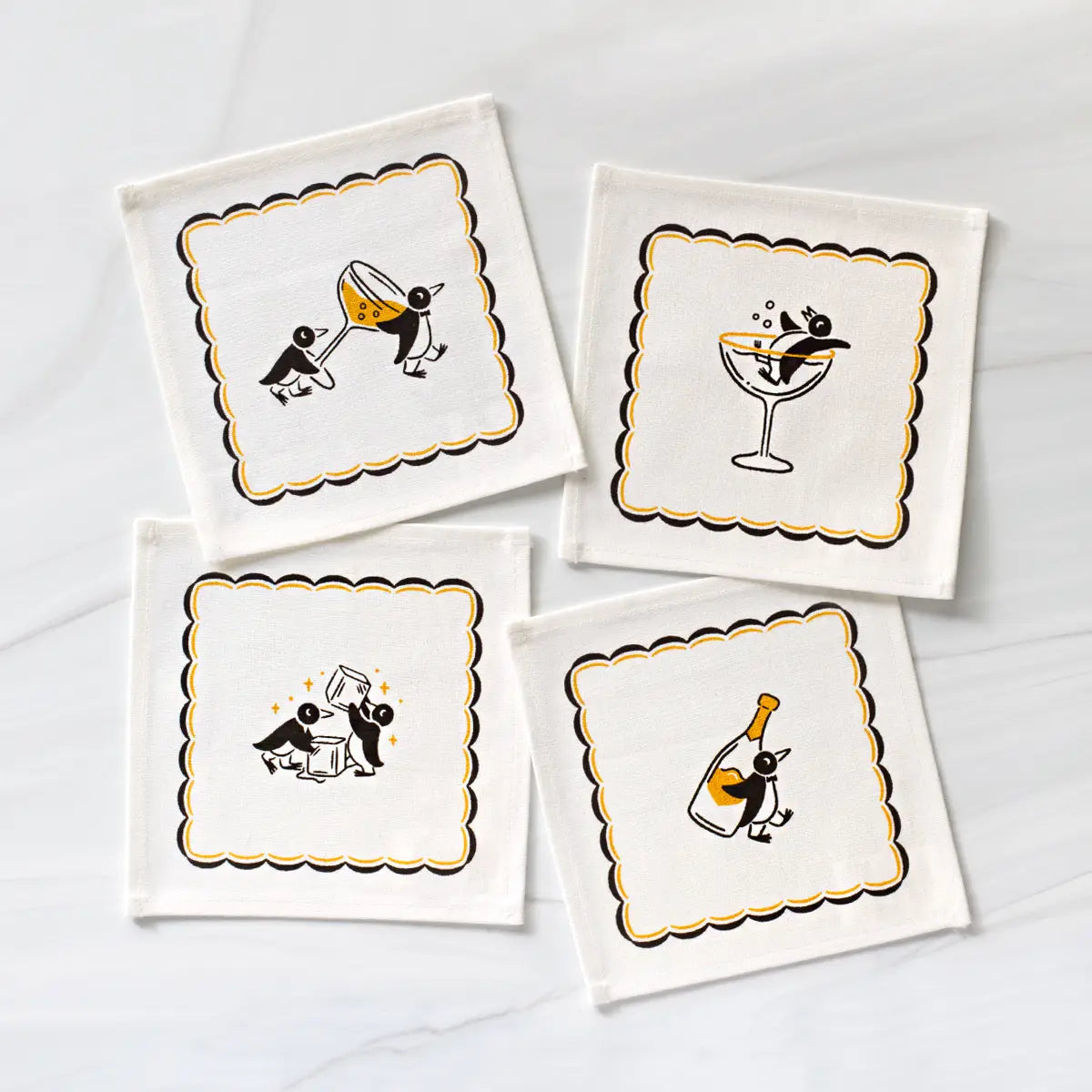 Champagne Penguins Screen Printed Cocktail Napkins (Set of 4)
