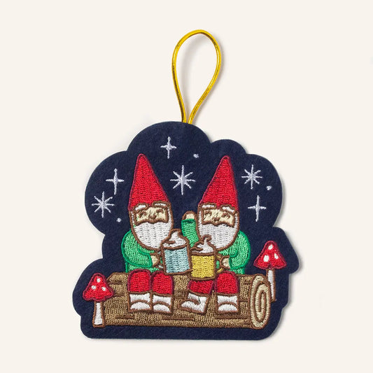 Gnome Friends on a Log Embroidered Holiday Ornament