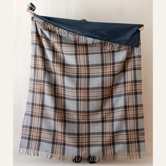 Recycled Wool Grey & Brown Plaid Picnic Throw Blanket with Handle