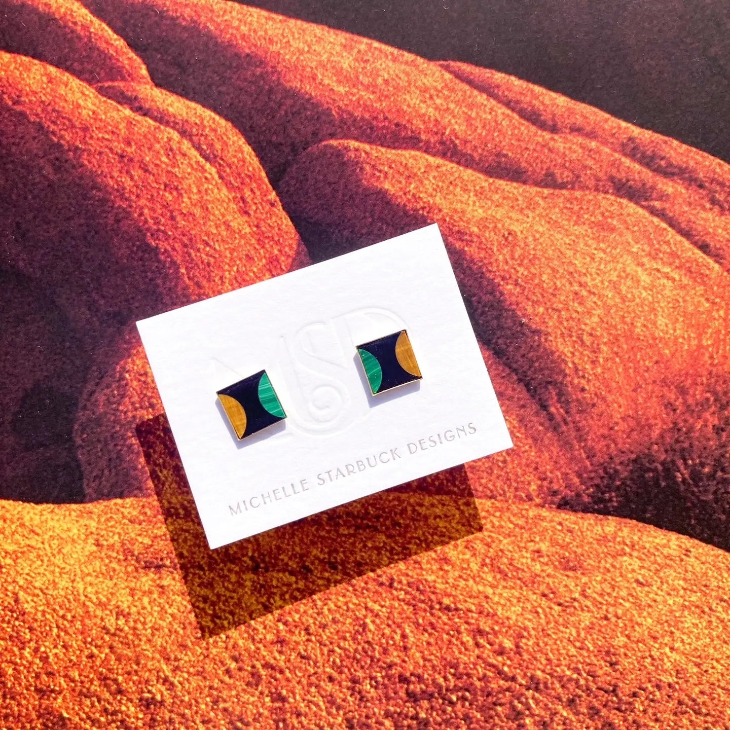 Malachite, Tiger's Eye, and Onyx Square Stud Earrings
