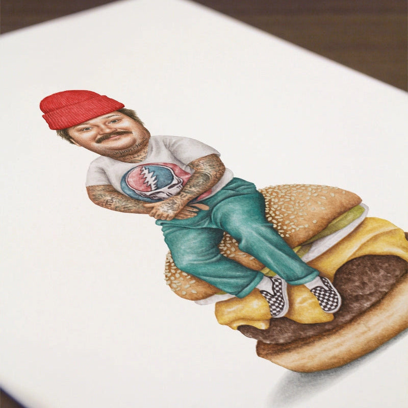 8" x 10" print of Matty Matheson sitting on a burger with a white background