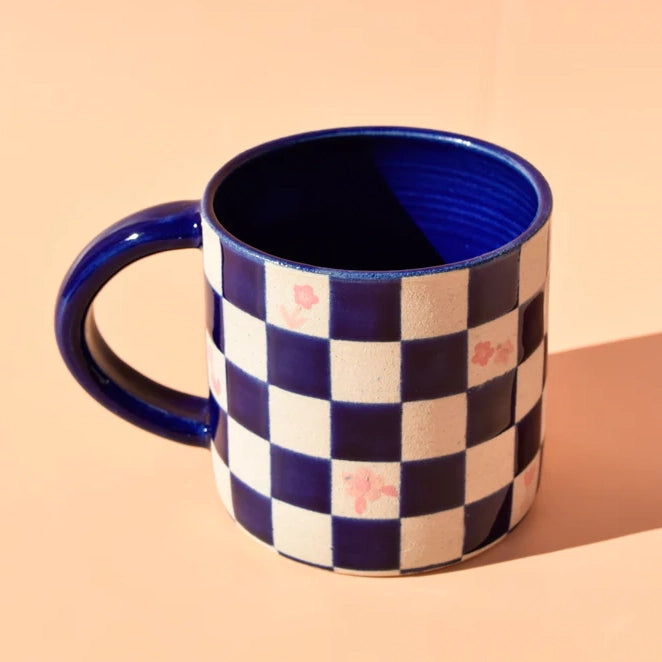 Navy Checker Ditsy Wheel Thrown 16 Oz Mug