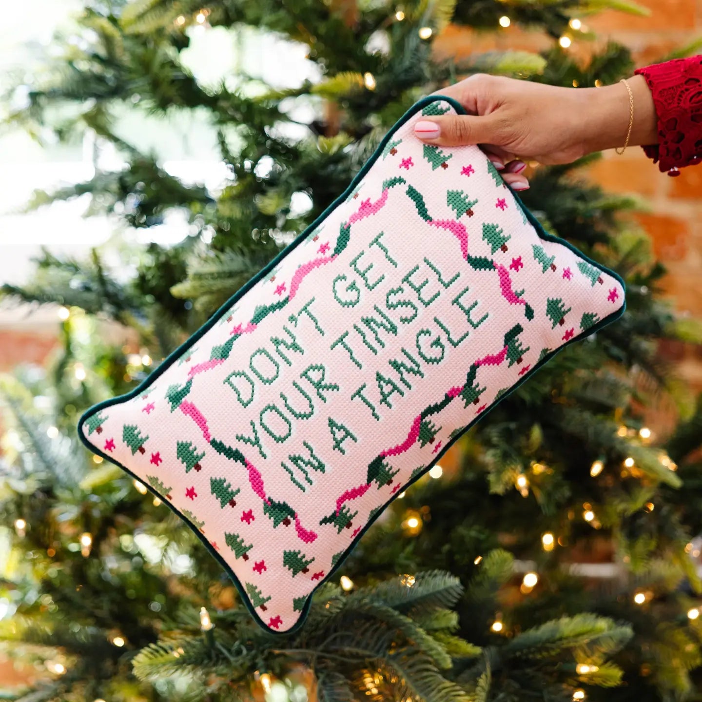 Don't Get Your Tinsel in a Tangle Needlepoint Holiday Lumbar Pillow