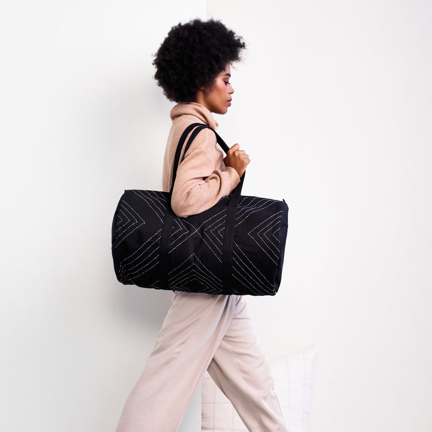 Hand-Stitched Black Weekender Duffel Bag