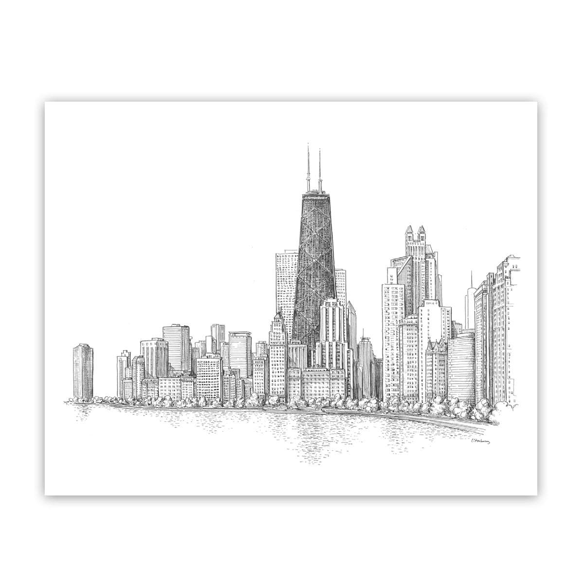 Chicago Skyline Lakefront Pen Ink Illustrated 8 X 10 Print chicago-skyline-lakefront-pen-ink-illustrated-8-x-10-print