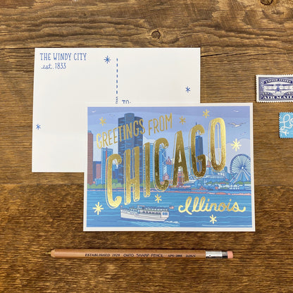 Greetings From Chicago Gold Foil Illustrated Postcard