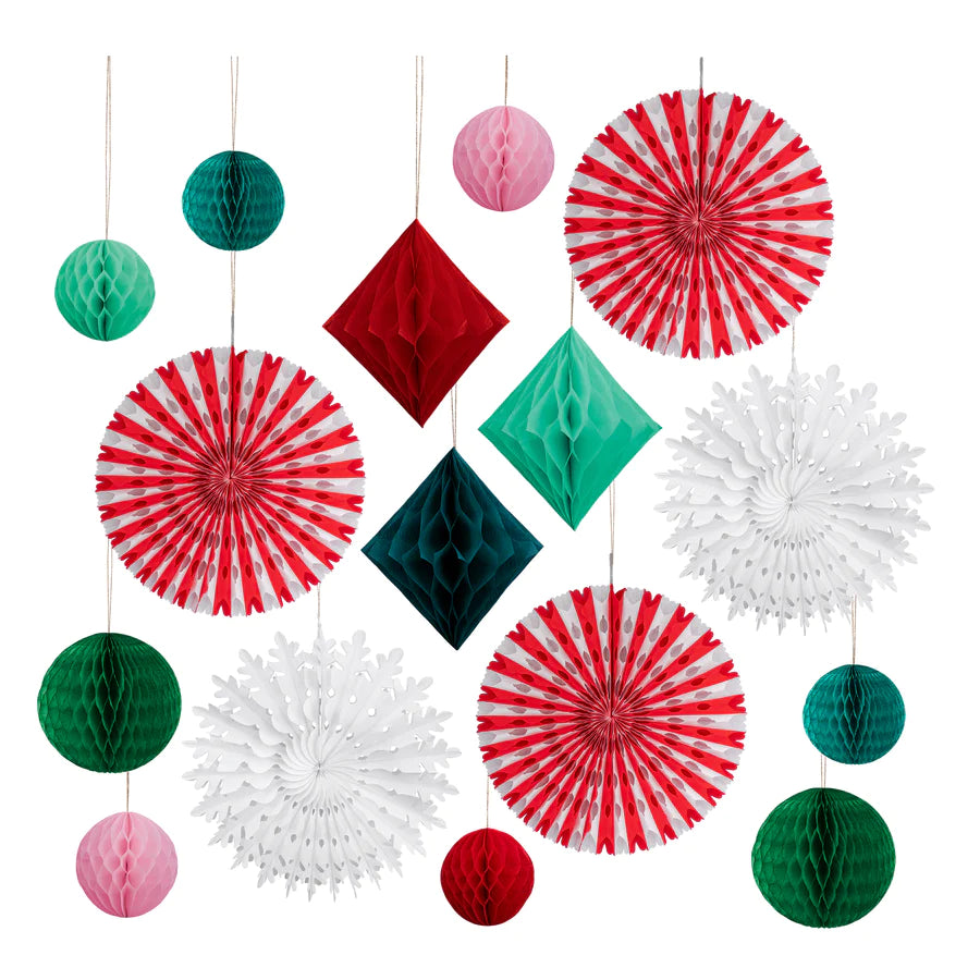 WILLBOND 16 Pieces Christmas Honeycomb Decorations Assorted 3D Paper  Honeycomb Decoration Hanging Honeycomb Tree Ball Bell Hat Snowflake for  Christmas