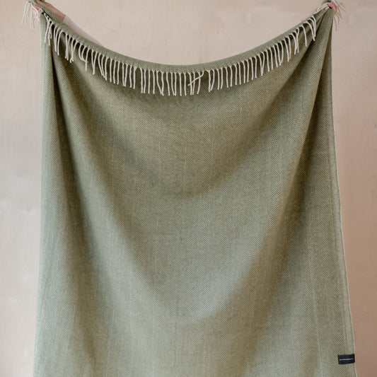 Recycled Wool Green Herringbone Throw Blanket