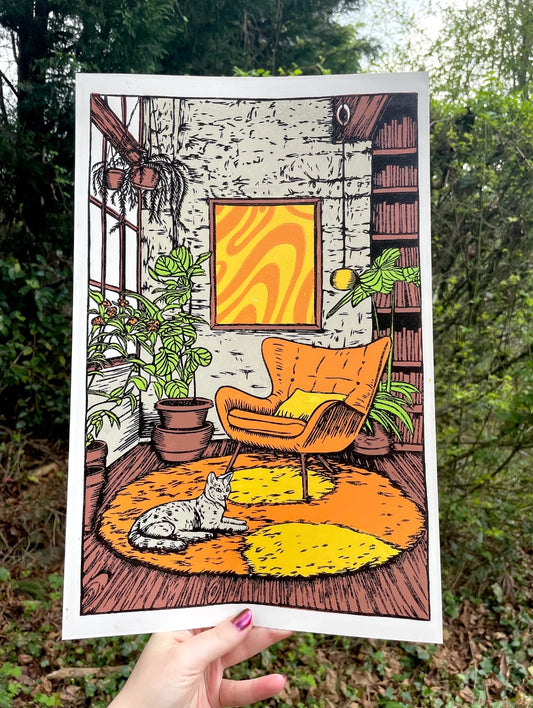 70s Shag Book Nook 11" x 17" Linocut Art Print