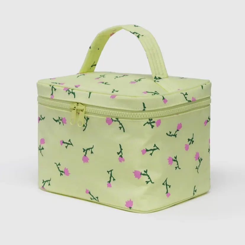 Light green cosmetic bag with floral pattern on a white background