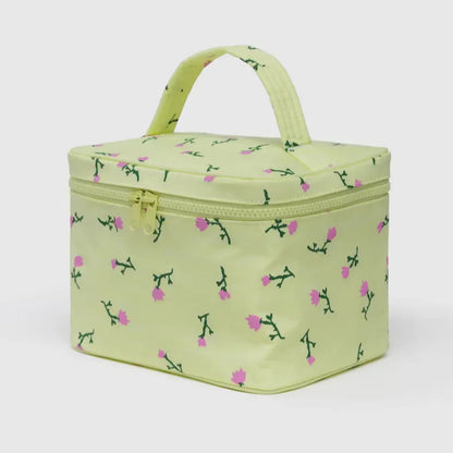 Light green cosmetic bag with floral pattern on a white background