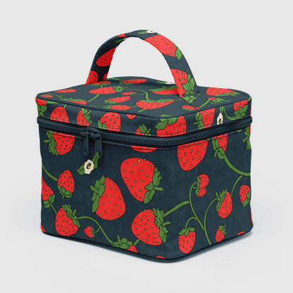 Rectangular nylon cosmetic case with strawberry pattern on a white background