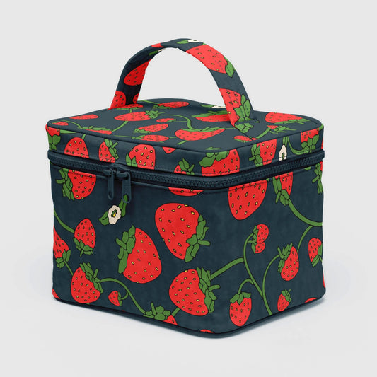 Rectangular nylon cosmetic case with strawberry pattern on a white background