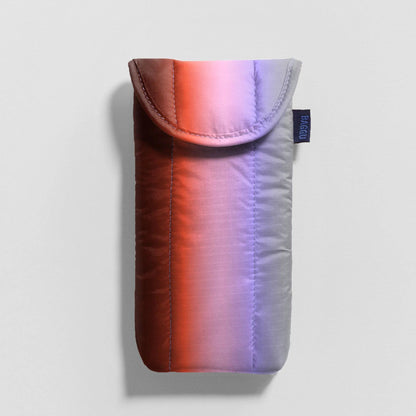 Gradient purple to red eye glass pouch on a light gray background