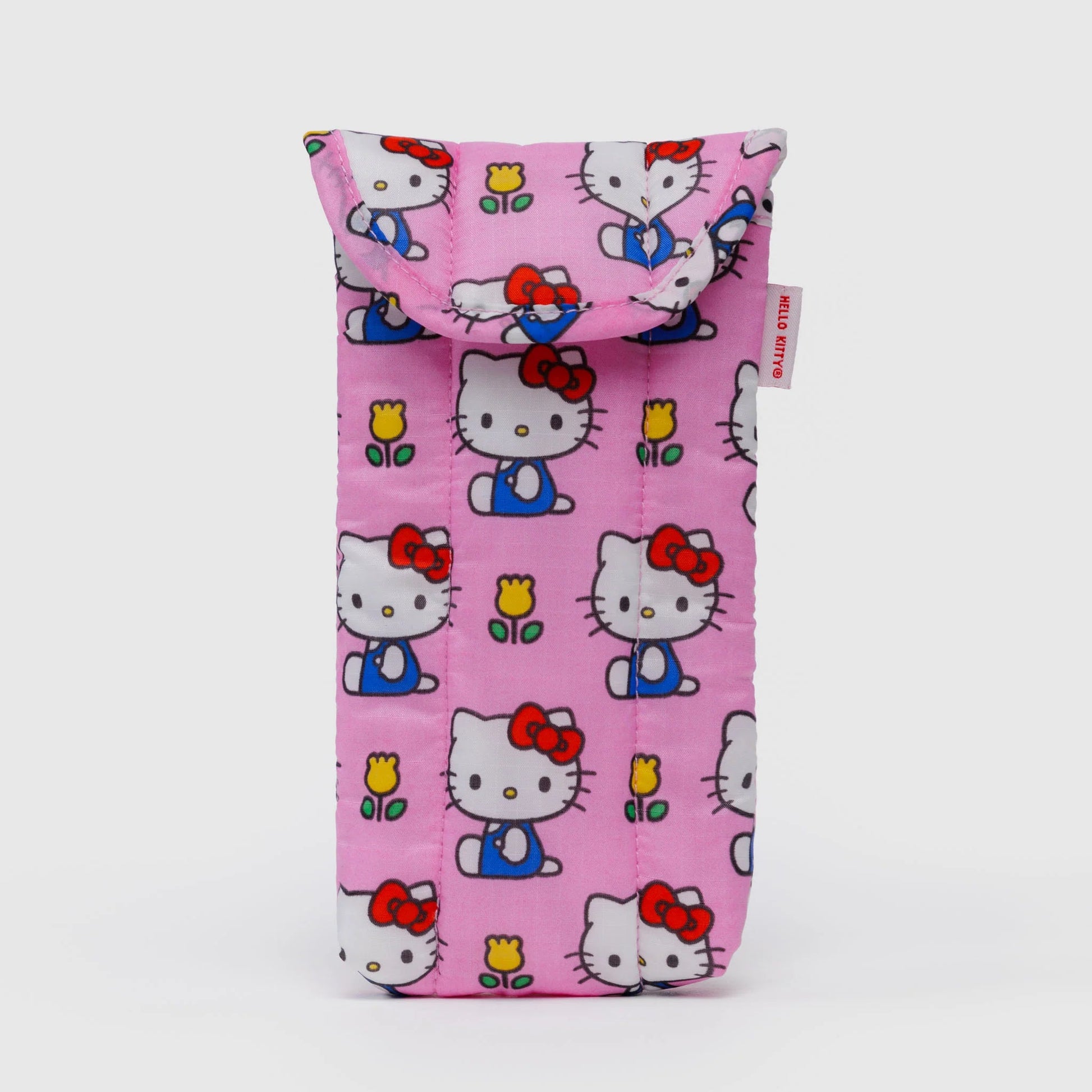Pink eye glass pouch with Hello Kitty pattern on a white background