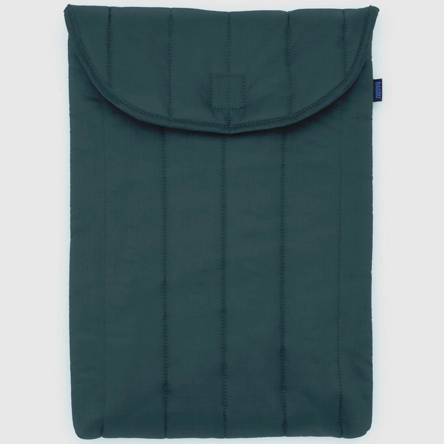 Dark green quilted laptop sleeve on a light gray background