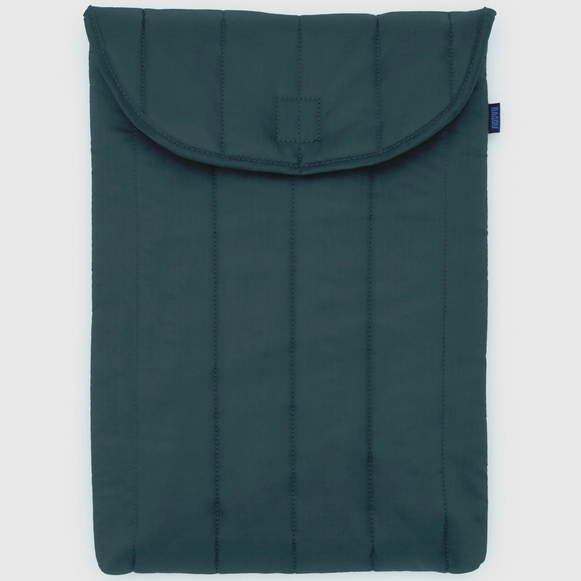 Dark green quilted laptop sleeve on a light gray background