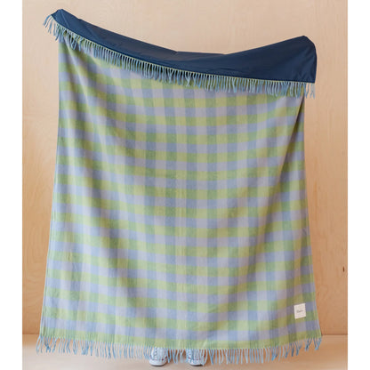 Recycled Wool Lilac & Green Gingham Plaid Picnic Throw Blanket with Handle