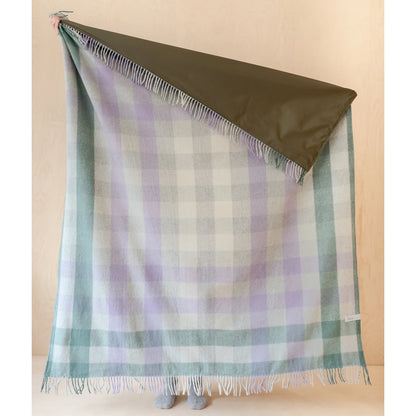 Recycled Wool Lilac & Evergreen Gingham Plaid Picnic Throw Blanket with Handle