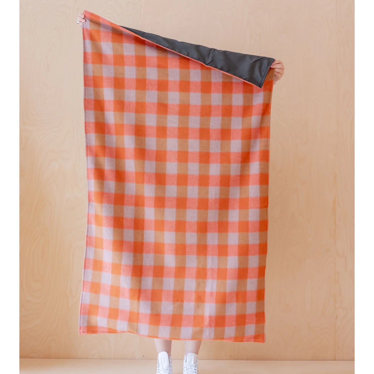 Small Recycled Wool Orange & Lilac Gingham Plaid Picnic Throw Blanket
