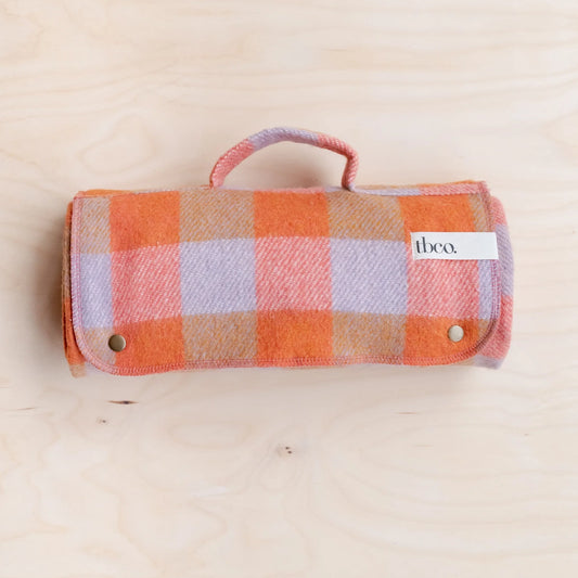 Small Recycled Wool Orange & Lilac Gingham Plaid Picnic Throw Blanket