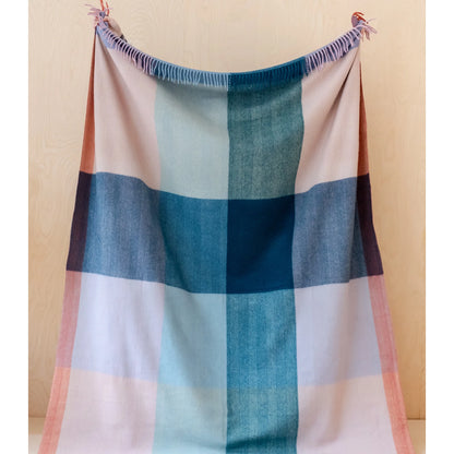 Recycled Wool Apricot & Blue Frame Check Throw Blanket