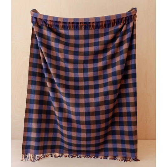 Recycled Wool Cobalt Blue & Black Gingham Throw Blanket