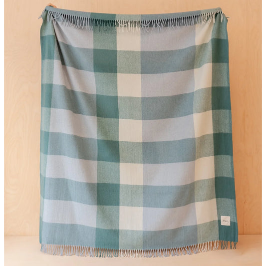 Recycled Wool Blue & Green Bold Check Plaid Throw Blanket