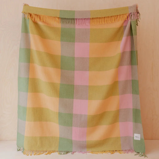Recycled Wool Yellow & Green Bold Check Plaid Throw Blanket