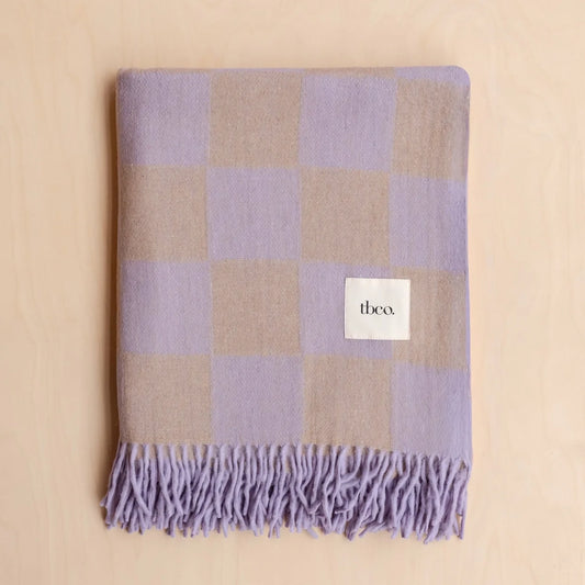 Recycled Wool Lilac & Tan Gingham Plaid Throw Blanket