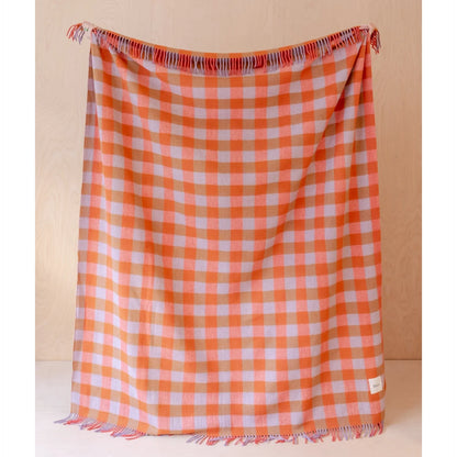 Recycled Wool Orange & Camel Gingham Throw Blanket