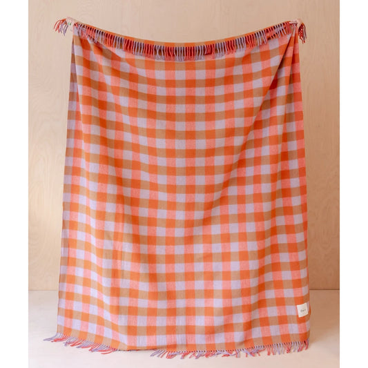 Recycled Wool Orange & Camel Gingham Throw Blanket