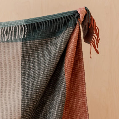 Recycled Wool Dark Green Block Check Waffle Throw Blanket