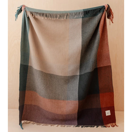 Recycled Wool Dark Green Block Check Waffle Throw Blanket