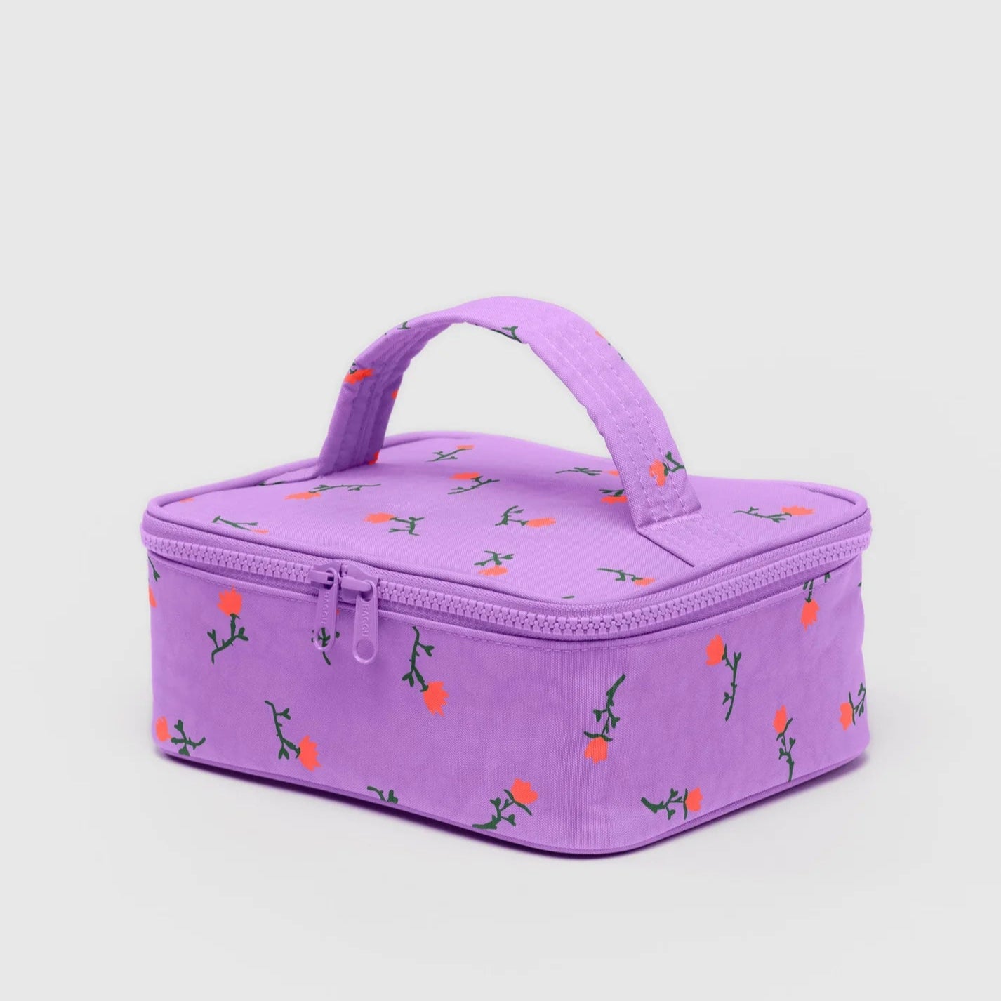 Purple cosmetic bag with floral pattern on a light gray background