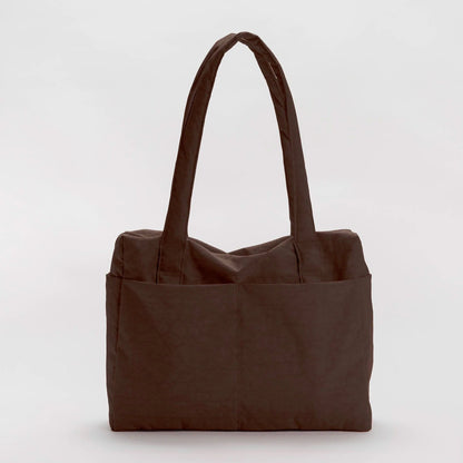 Brown nylon tote bag on a light gray background