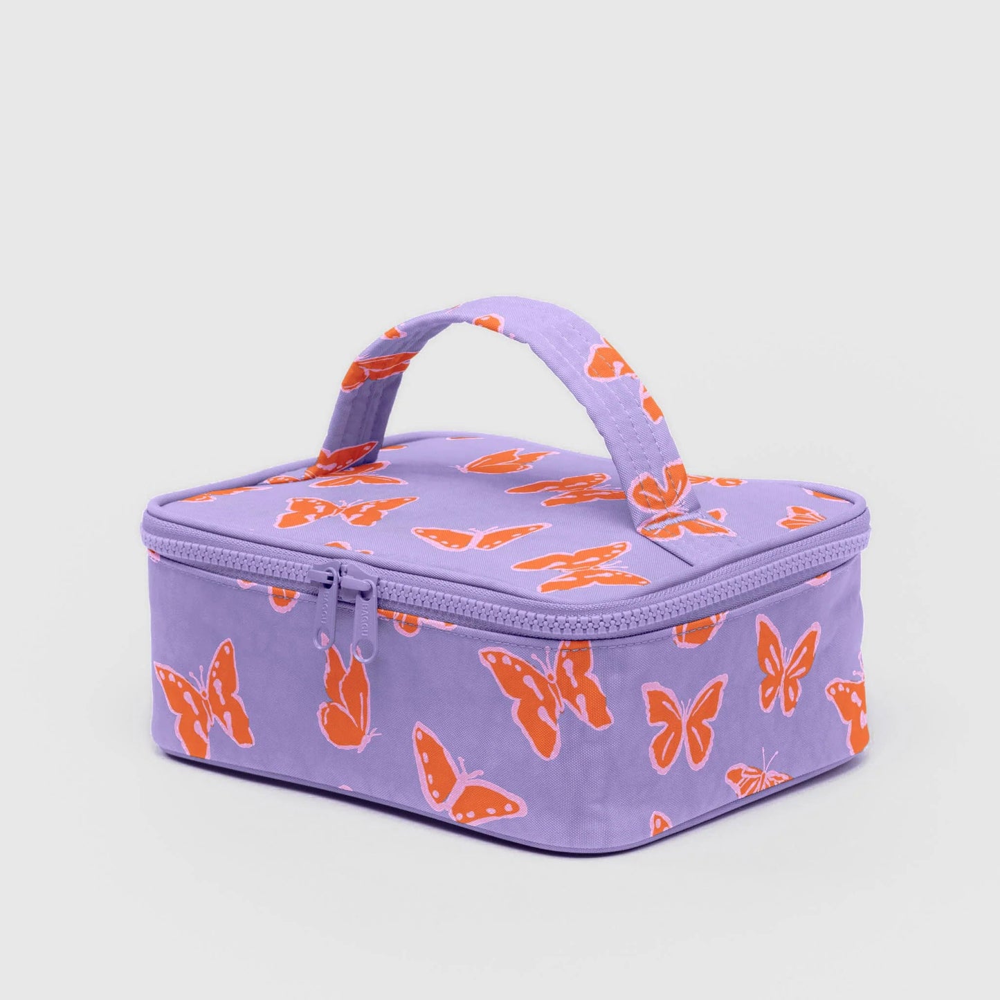 Purple cosmetic bag with orange butterfly pattern on a light gray background