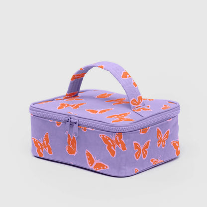 Purple cosmetic bag with orange butterfly pattern on a light gray background