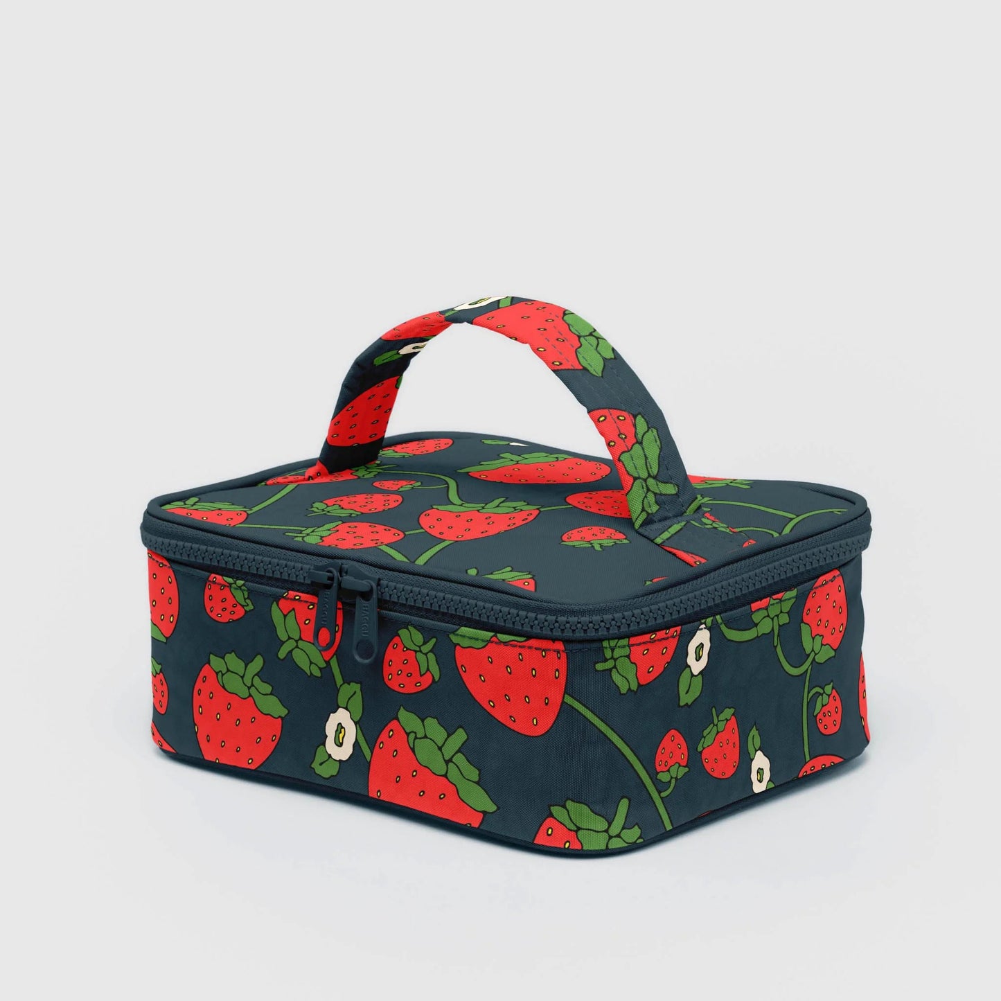 Cosmetic bag with strawberry pattern on a light gray background