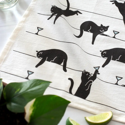 Black Cat & Martinis Screen Printed Tea Towel