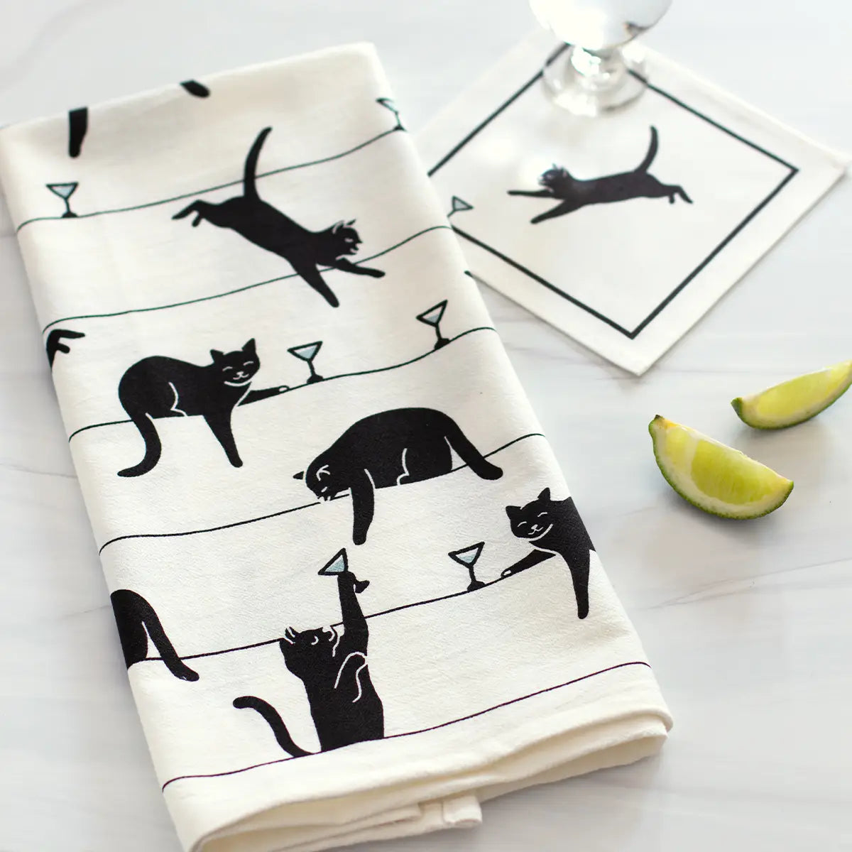 Black Cat & Martinis Screen Printed Tea Towel