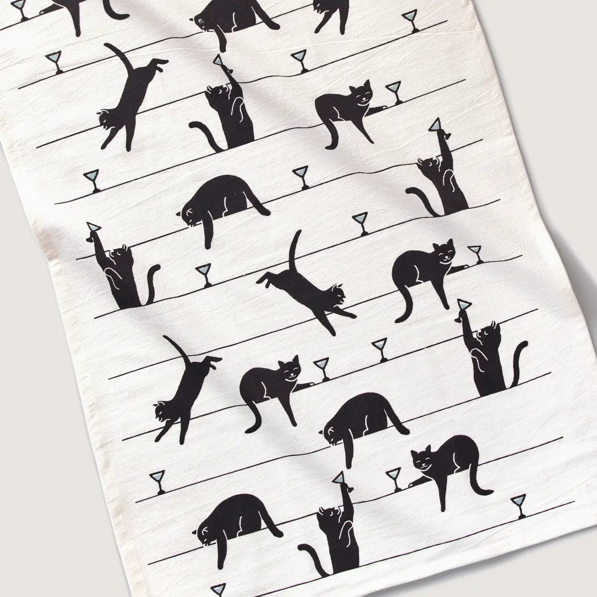 Black Cat & Martinis Screen Printed Tea Towel